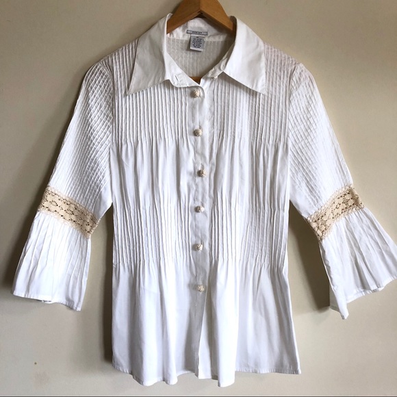 Evelyn Tops - Evelyn White Pleated Bell Sleeve Button Down Shirt